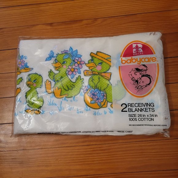 NIP Riegel Babycare 2 Receiving Blankets Cotton Birth Duck Pattern USA Swaddle M - Picture 1 of 6